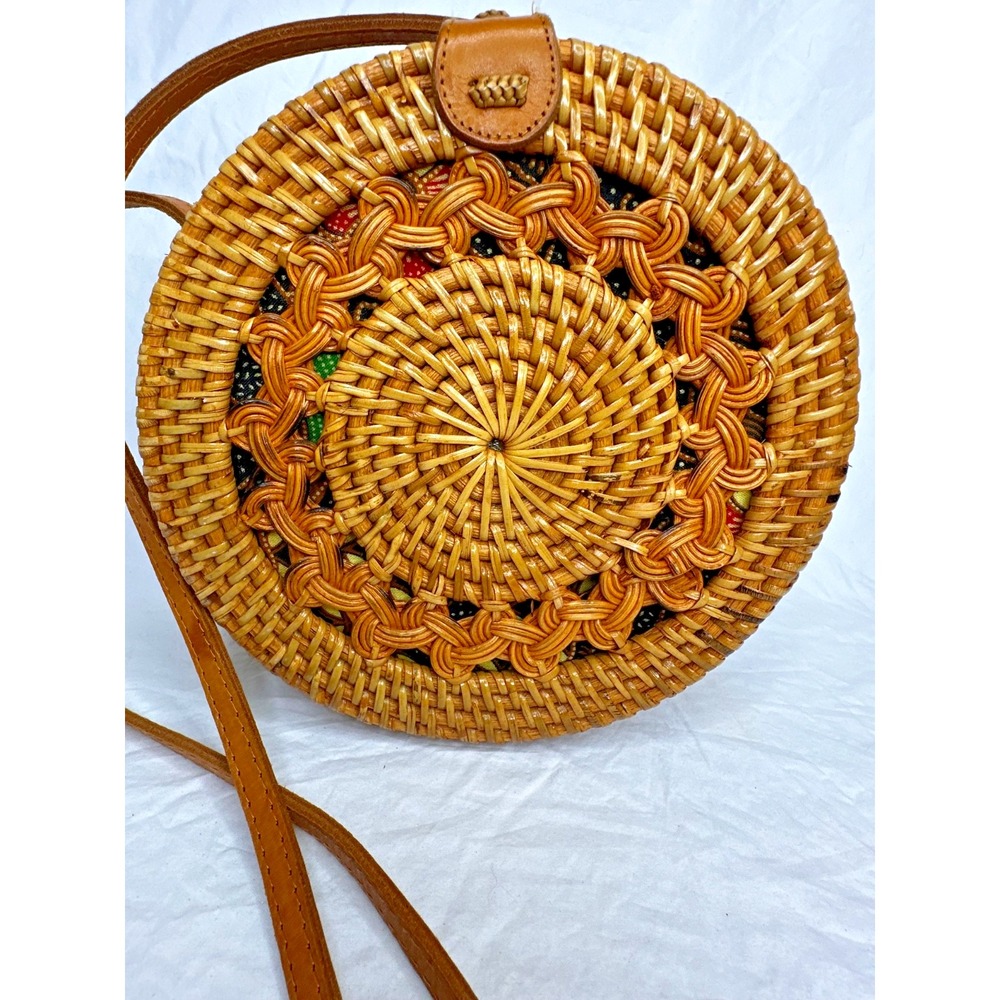 Round Wicker Woven Crossbody Bali Bag purse Baik fabric lining Purse - Picture 2 of 16